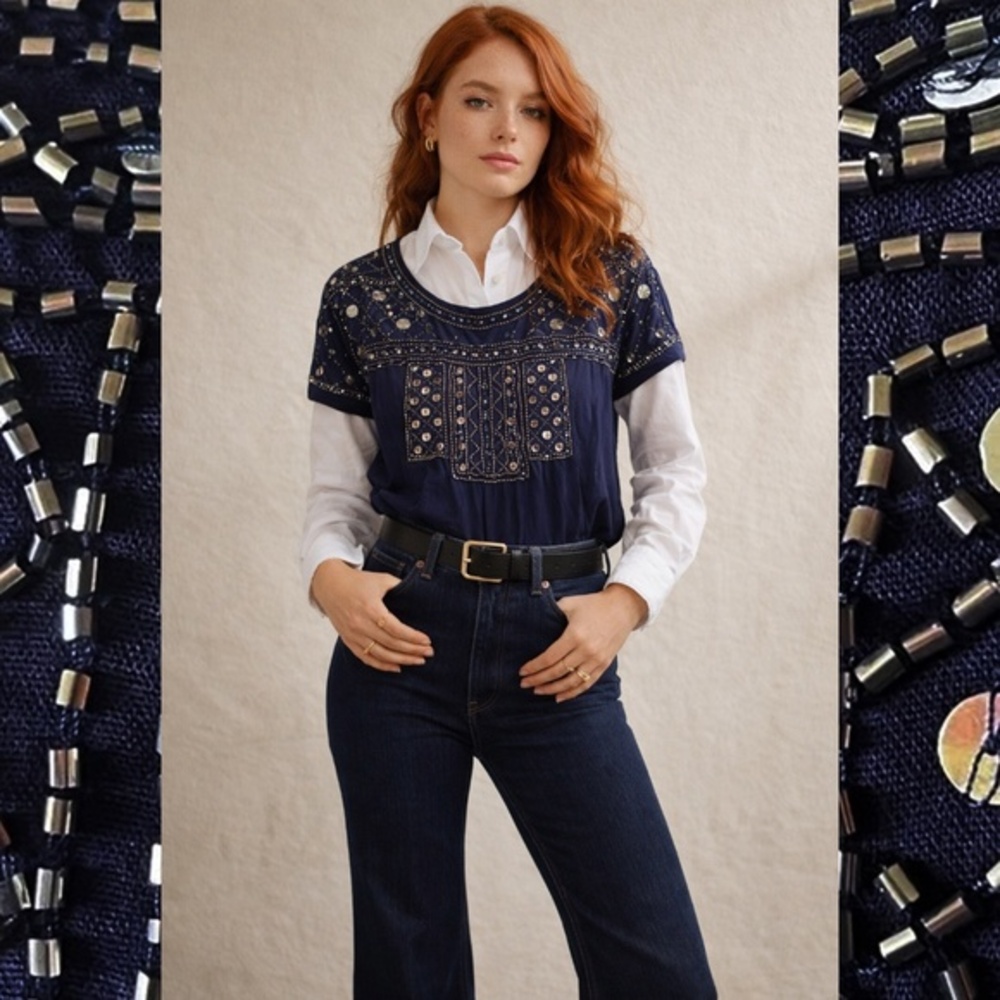 Beaded Navy Blue Flowy Tunic 100% soft rayon